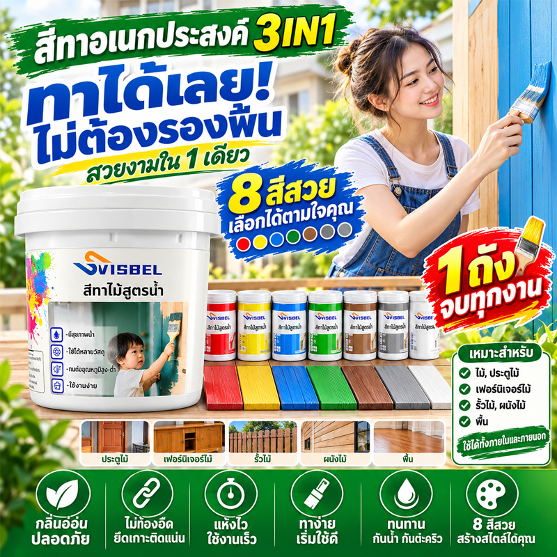 🔥 SVISBEL 🔥 สีทาไม้สูตรน้ำ สีทาเฟอร์นิเจอร์ แห้งไว ทาง่าย ไม่ต้องรองพื้น สำหรับไม้ ประตู รั้ว เฟอร์นิเจอร์