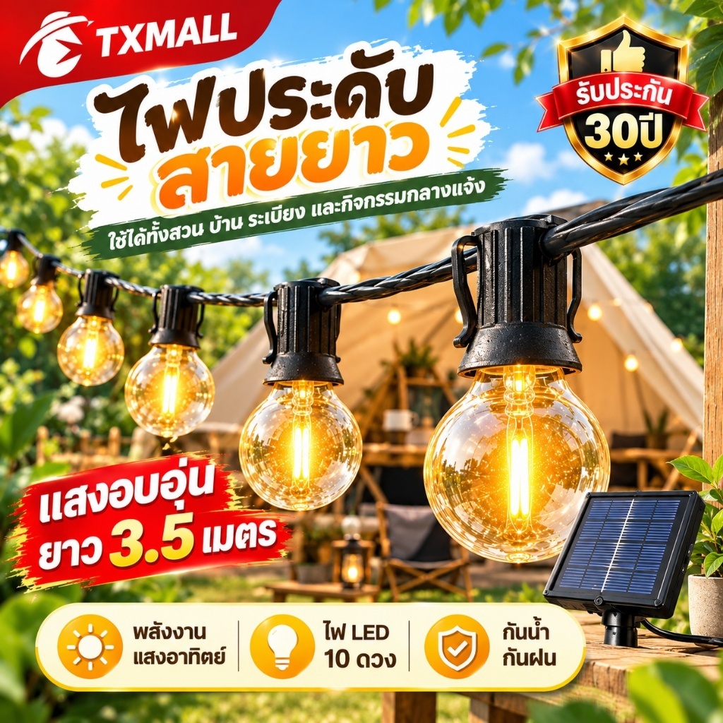 🎄รุ่นใหม่ล่าสุด🎄ไฟปิงปอง ไฟตกแต่ง โซล่าเซลล์ ไฟประดับพลังงานแสงอาทิตย์ 3.5 เมตร 10 ดวง หลอดใหญ่ กันน้ำ กลางแจ้ง โคมไฟสนา