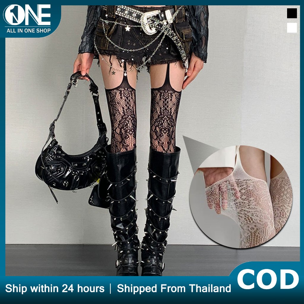 ถุงเท้าความยาวยาวสไตล์ผู้หญิงที่แฟชั่นและมีเสน่ห์สายพันสะโพกแหแบบใสๆ ลายตาข่า สไตล์โลลิต้าแบบญี่ปุ่นพร้อมลายดอกไม้สวยงาม