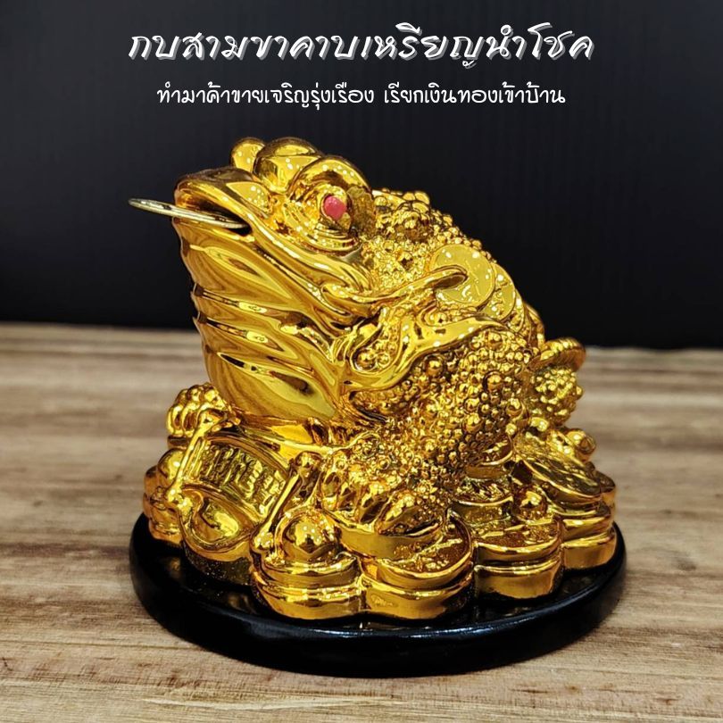 กบสามขาคาบเหรียญ เสริมฮวงจุ้ยการเงิน กิจการ ร้านค้า ขนาด 2"/2.5" งานเรซินสีทองติดกับฐานวาง