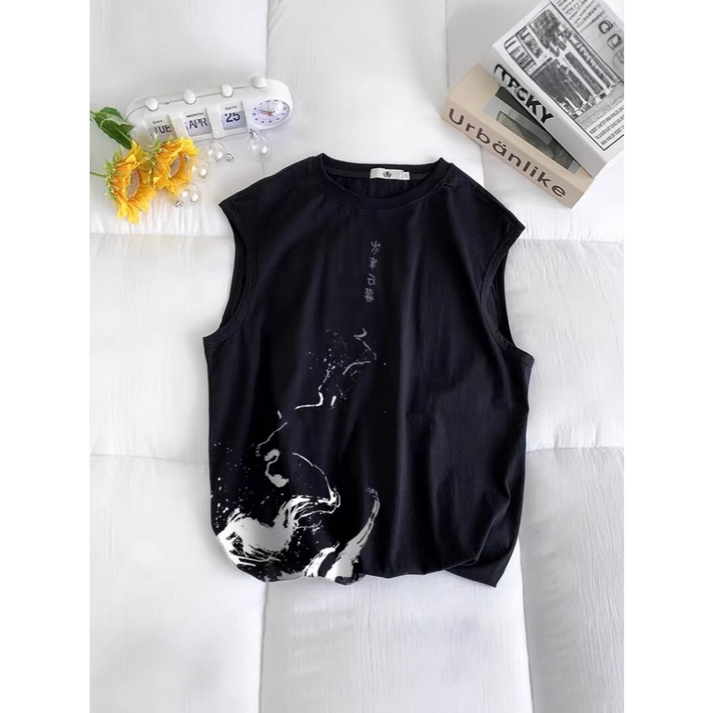 CC-30032 เสื้อยืดแขนกุดผู้ชาย ผ้ากีฬา โพลีเอสเตอร์ ไหล่ระบายอากาศหลวม ลายพิมพ์