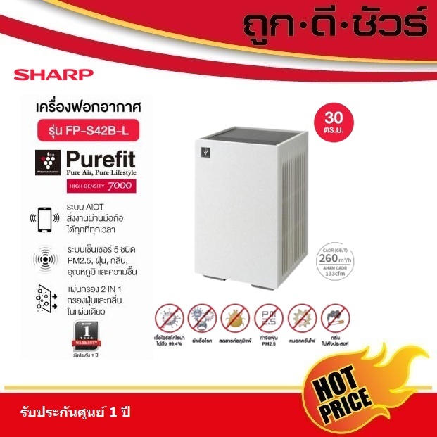 SHARP เครื่องฟอกอากาศ พลาสม่าคลัสเตอร์ FP-S42B-L ขนาด 30 ตร.ม. ระบบ AIOT