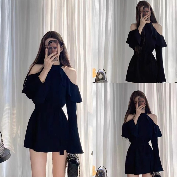 GHAOHES   👗👗 เดรสแขวนคอเปิดไหล่ กระโปรงเสื้อแขนยาวขอบบัวบาน🎀🎀 11006