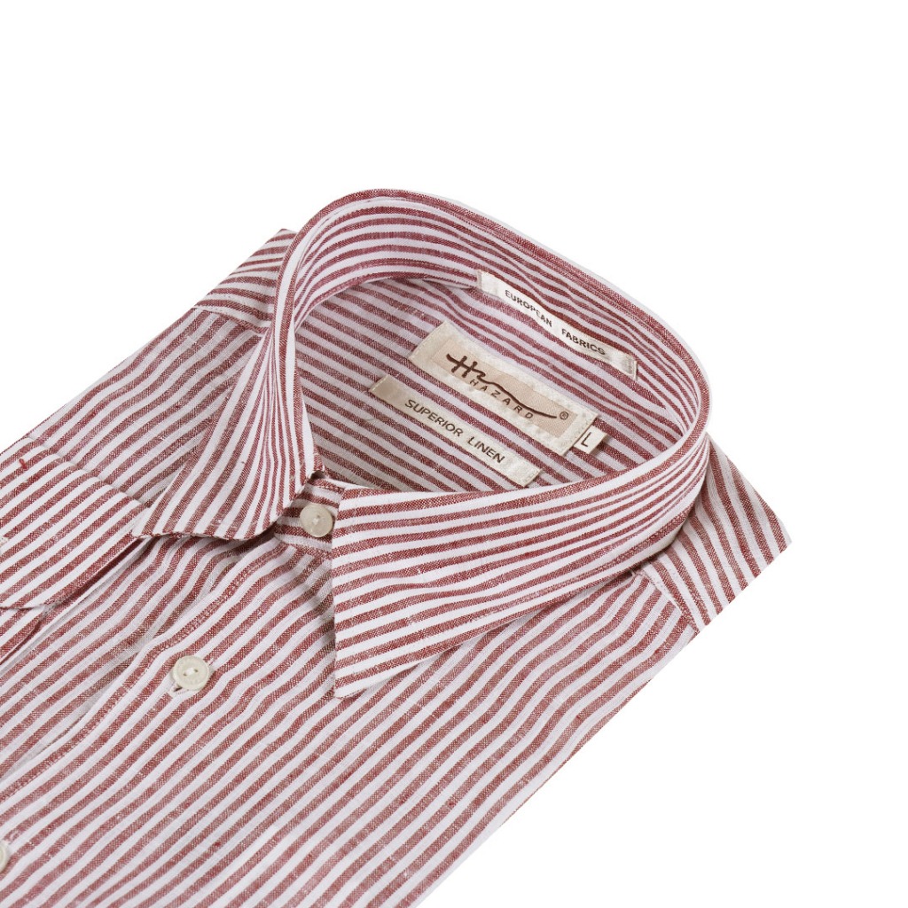 Hazard เสื้อเชิ้ตทำงานแขนยาวลายทาง ผ้า Linen(ลินิน) สีแดง