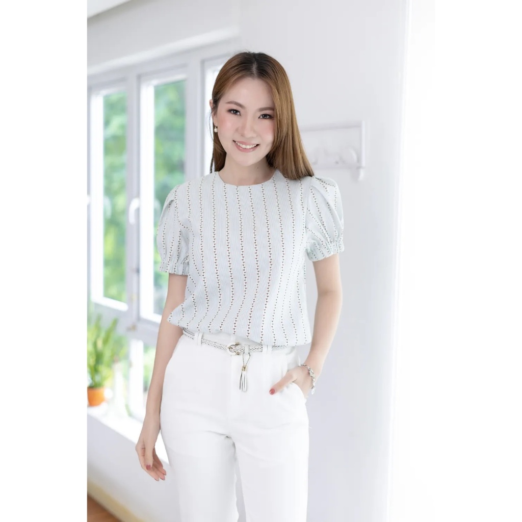 NEW❣️Narinari : MT3016 Puff Sleeve Linen Blouse เสื้อแขนตุ๊กตา🎀💐