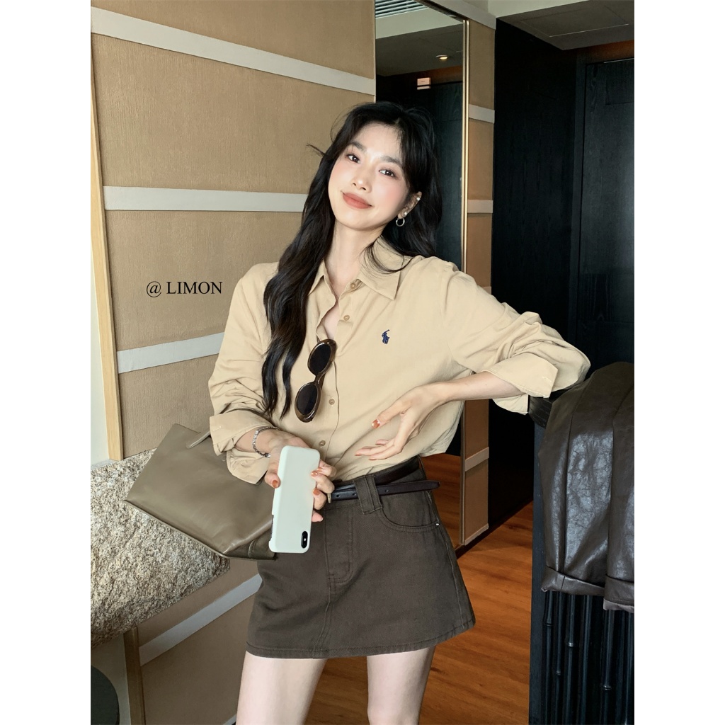 เสื้อเชิ้ตผู้หญิงแขนยาว เสื้อโปโล ทรงหลวม ปักลาย สไตล์ขี้เกียจ สดชื่น สีขาว - รูปที่ 7