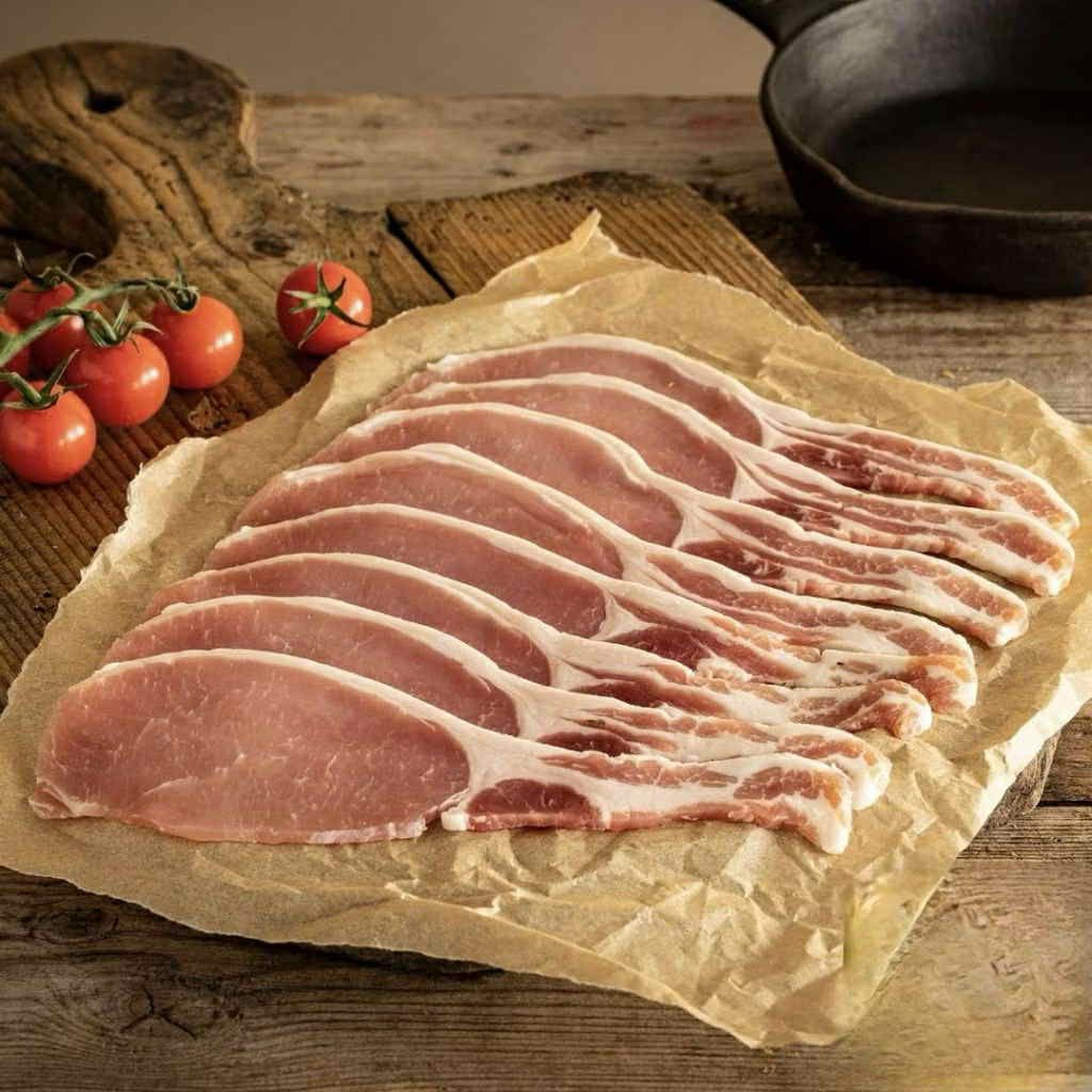 โฮมเมด พรีเมี่ยม เบคอนส่วนสันนอก แบ็คเบคอนสไลด์หนา ขนาด 500กรัม. Premium English Back Bacon Slice 500g