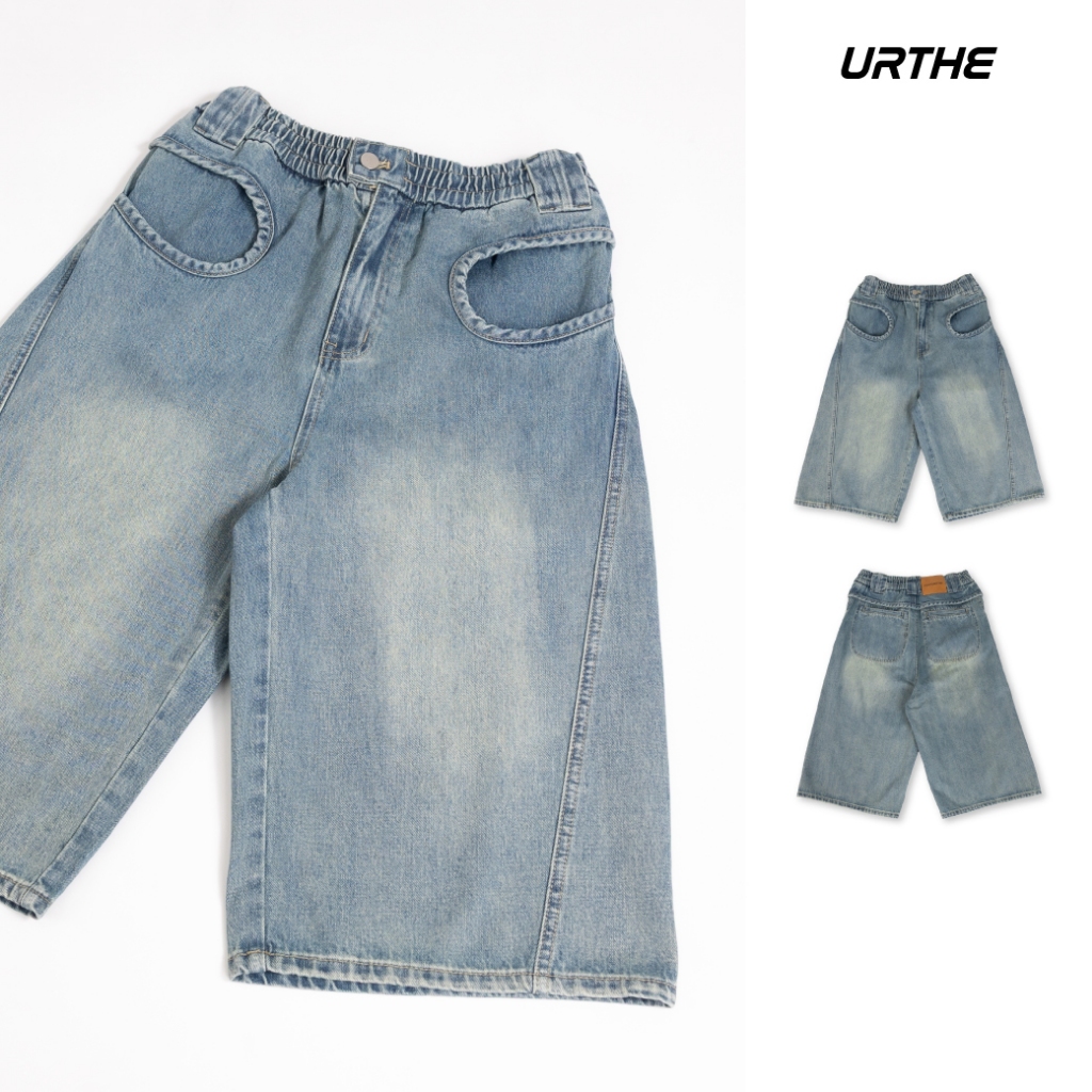 URTHE - กางเกงยีนส์ เอวยางยืด รุ่น SPLICE SHORTS