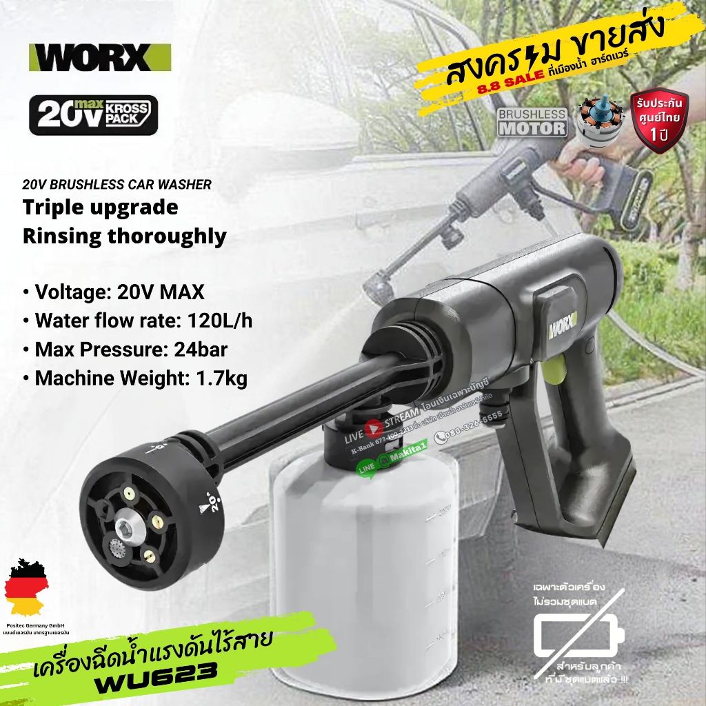 [พร้อมส่งในไทย] WORX รุ่น WU623 เครื่องฉีดน้ำแรงดันสูงไร้สาย 20V (ตัวเปล่า) ประกันศูนย์ไทย 1 ปี