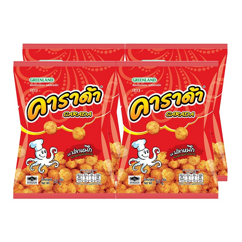 คาราด้า ขนมอบกรอบ รสปลาหมึก และ รสชีสบอล  (แพ็ค 4 ซอง)