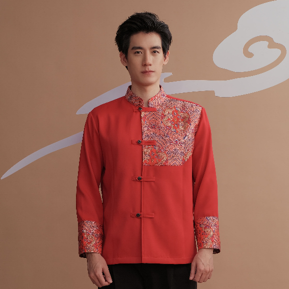 (JUN) CNY Shirt เสื้อตรุษจีนผู้ชาย สีแดงสดแต่งลาย รุ่น LHONG