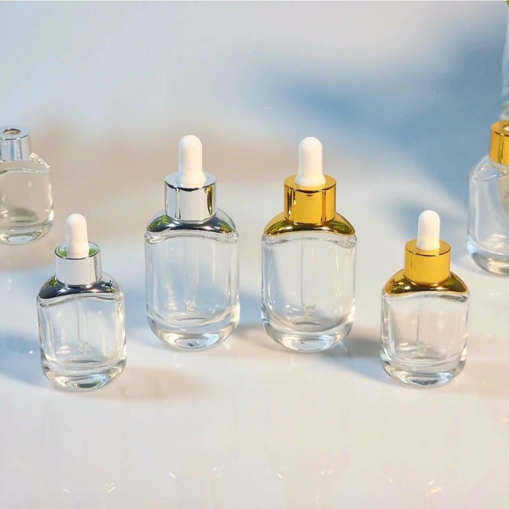 ขวดแก้วดรอปเปอร์สีใส 15/30ml. ทรง Dior (ไหล่เงิน) ฝาเงิน/ฝาทอง งานเค้าท์เตอร์ พรีเมี่ยม ราคาส่ง