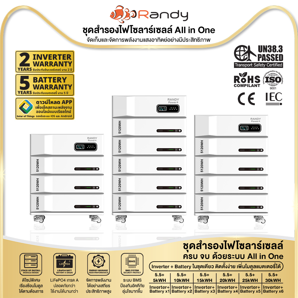 RANDY APOLLOA 5.5kW All-in-One 51.2V LiFePO4 20.48kWh โซล่าเซลล์บ้าน WiFi+BMS แบต5ปีอินเวอร์เตอร์2ปี