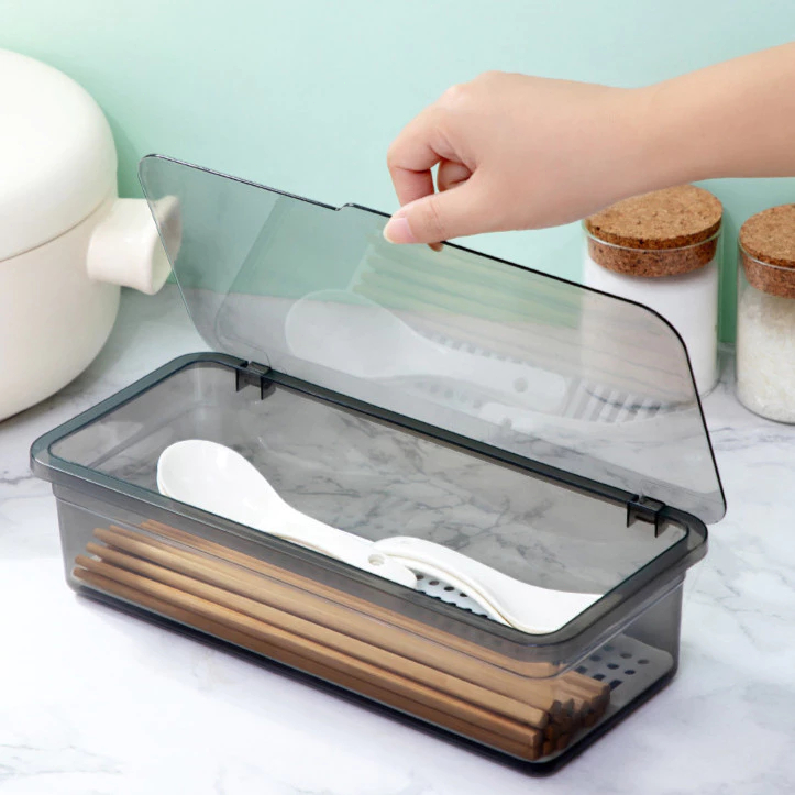 กล่อง เก็บ ช้อนส้อม มี ฝาปิด กล่อง กล่องเก็บช้อนส้อม กล่องเก็บช้อนส้อมแบบใส+ฝาปิด+ระบายน้ำ อเนกประสงค์ ของใช้ในครัว