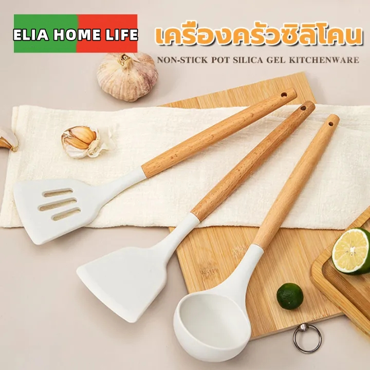3PCS ขาว ซิลิโคน เครื่องครัว การปรุงอาหาร ชุดเครื่องใช้ พิเศษสำหรับทำอาหาร ด้ามไม้ เครื่องมืออบและชุดทําอาหาร