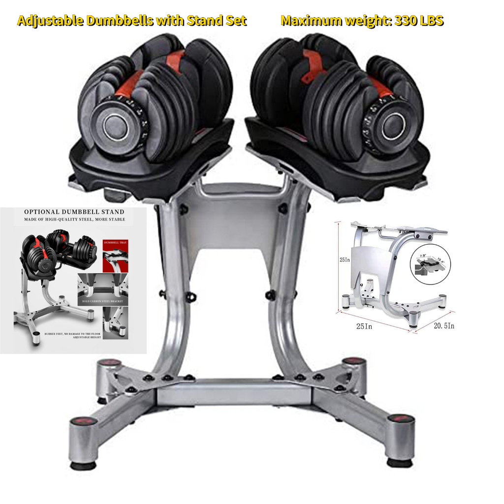 ถูกที่สุด Adjustable Dumbbells With Stand Set,330LBS Workout Exercise Barbell Gym Equipment Barbell 