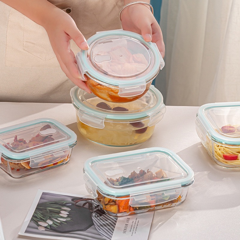 ฝาใสสีฟ้า ภาชนะใส่อาหารแก้ว ปราศจาก BPA เข้าไมโครเวฟ/เตาอบได้ กล่องข้าว ภาชนะใส่อาหาร