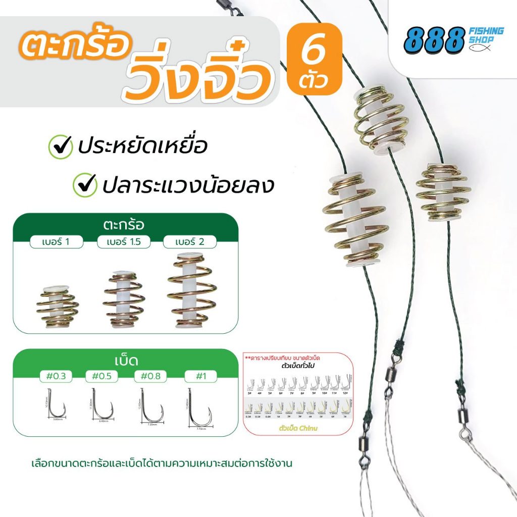 ตะกร้อวิ่งจิ๋ว แบบ 6 ชิ้น ตัวตะกร้อวิ่งขนาดเล็ก มี 3 ขนาด 1.0, 1.5, 2.0 cm. ตัวเบ็ดชินุตูดแบน มีให้เลือก 4 เบอร์ 0.3, 0.