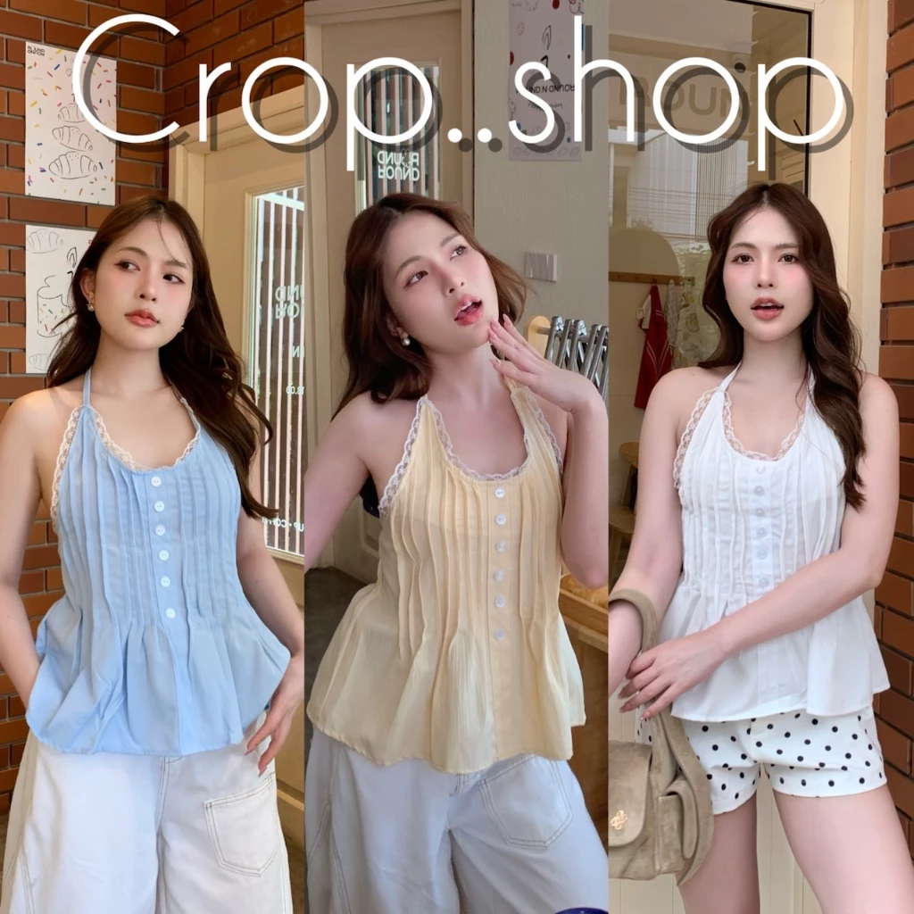crop..shop เสื้อคล้องคอ งานสดใสสวยมาก ลมุนสุดๆ เเต่งกระดุมน่ารัก ชายพริ้วสวย ปังเลิศมากจ้า