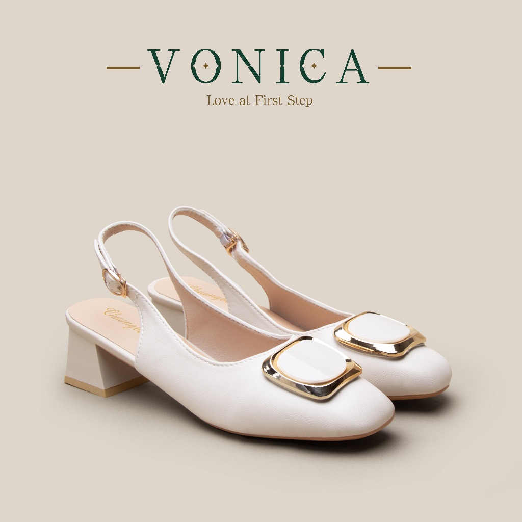 VONICA รองเท้าแตะส้นสูง สีเบจ หนังแท้ สไตล์เกาหลี ใส่สบาย ใช้ทำงานหรือเที่ยว