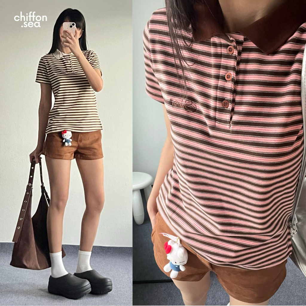 Chiffon.sea | Bingsu polo เสื้อโปโลลายทาง ทรงพอดีตัว