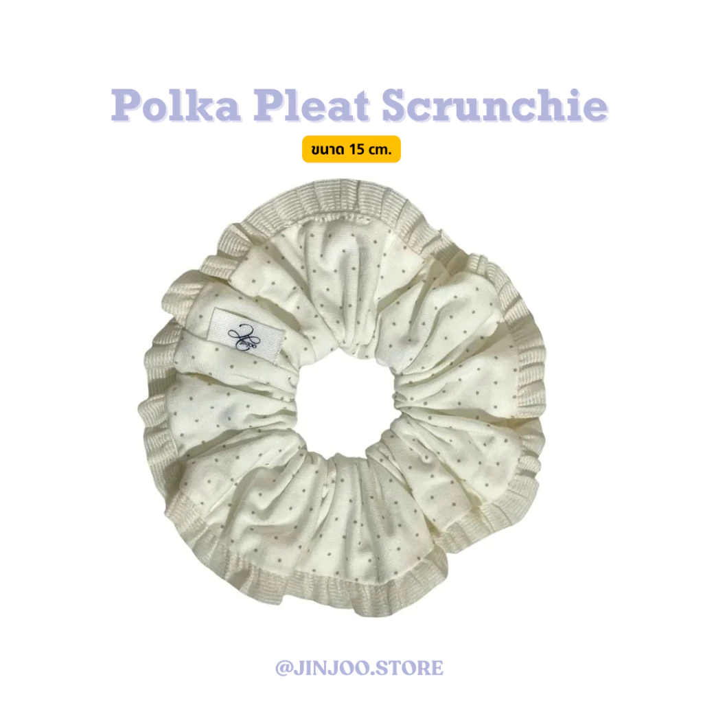 Jinjoo ยางรัดผม Polka Pleat Scrunchie ผ้าแต่งขอบ ลายจุด สีครีม ขนาด 15 cm. เหมาะกับความหนาของเส้นผม