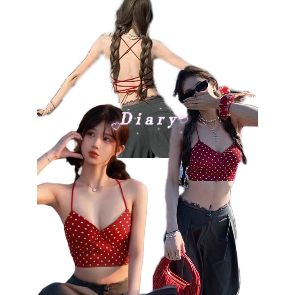 diary(bratop6658)เสื้อสายเดี่ยวมีฟองน้ำ เว้าหลัง เซ็กซี่ ดีเทลผูกสาย หน้าวี ลายจุด สวยมากๆ