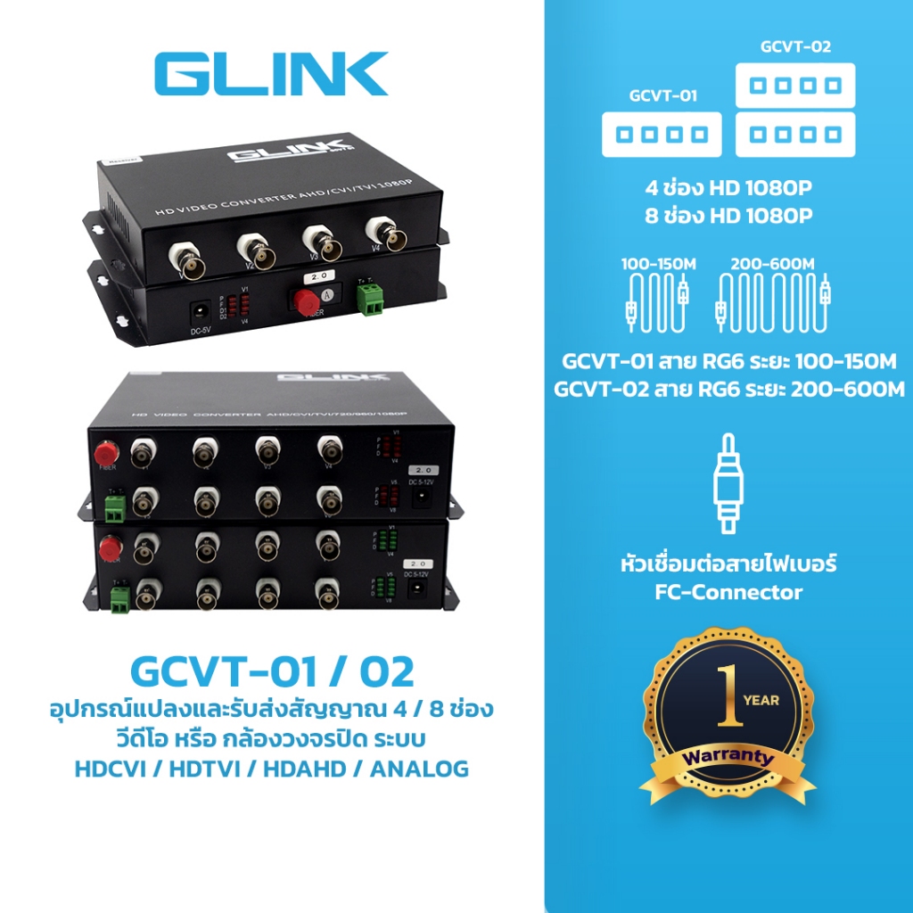 GLINK [GCVT-01] - [GCVT-02] ตัวแปลงเดินสายกล้องด้วยไฟเบอร์ 20 กิโลเมตร FIBER VIDEO MEDIA CONVERTER