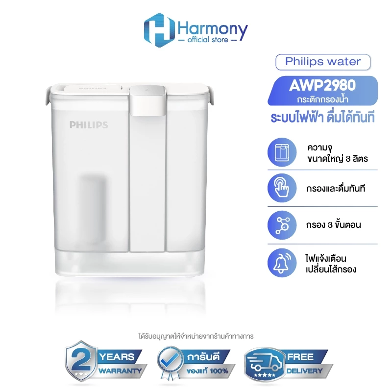 Philips Water เหยือกกรองน้ำ รุ่น AWP2980WH และไส้กรอง AWP225 (3 ชิ้น) กรองน้ำดื่ม พกพาสะดวก ไม่ต้องติดตั้ง ของแท้