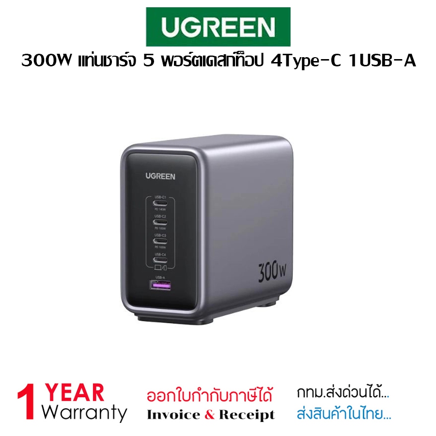 Ugreen ที่ชาร์จ USB C 300W Nexode GaN 5 พอร์ต , 4 port USB C , 1 port USB A รับประกัน 1 ปี