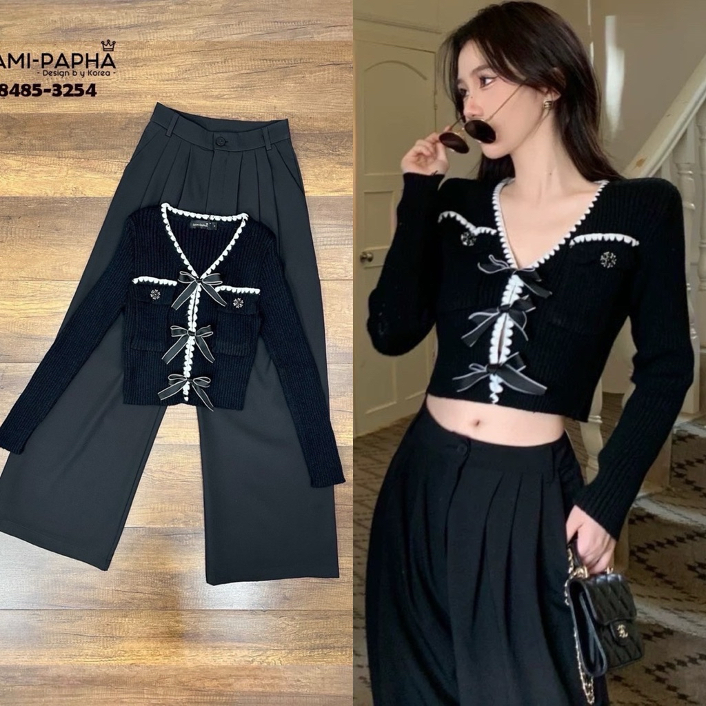 พร้อมส่ง L⚡️RM 8485 เสื้อคลุมทอไหมพรม+ขายาว+เข็มกลัด สีดำ