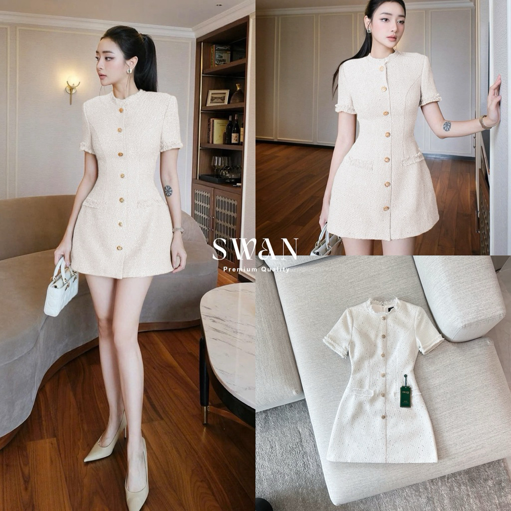 [SWAN] มินิเดรสผ้าทวิตสีขาว แต่งตัดด้วยกระดุมหลอกสีทอง ซิปหลังใส่ง่าย