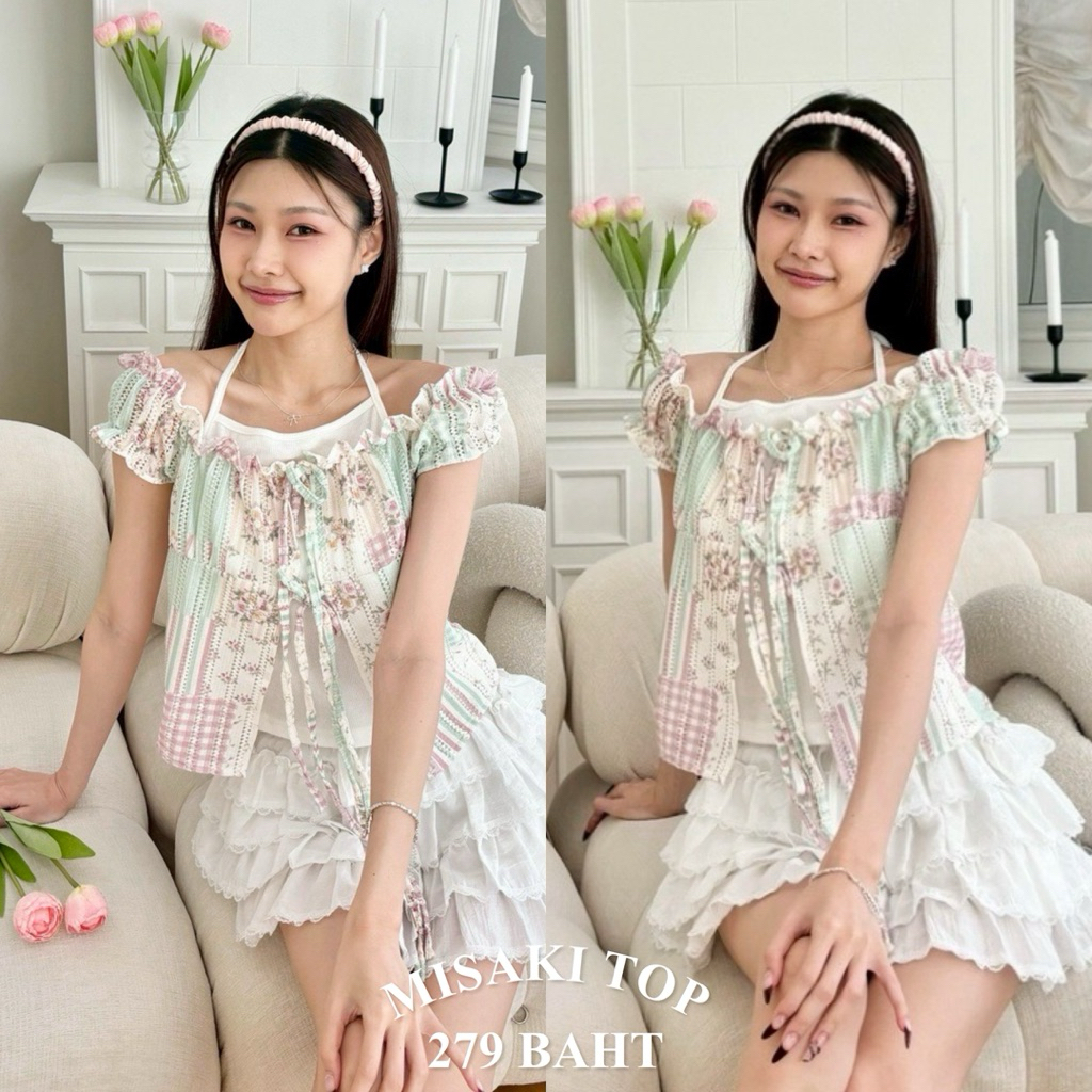 Chugar.Pie : Misaki Top 🐶🍈✨ เสื้อแขนตุ๊กตาเปิดไหล่ เสื้อแขนตุ๊กตาลายดอกไม้