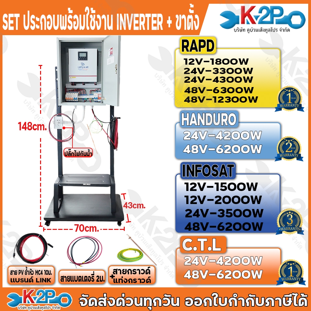 ชุดประกอบอินเวอร์เตอร์พร้อมใช้+รวมขาตั้ง SET INVERTER HYBRID OFF GRID มีให้เลือกหลายรุ่น แบรนด์ RAPD,HANDURO,INFOSAT,CTL