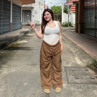 กางเกงคาร์โก้ ทรงขากระบอก เอวยางยืด Cargo Pant M-XL ผ้าไมโคร มีกระเป๋าข้าง สาวอวบใส่ได้จ้า รุ่น Cargo