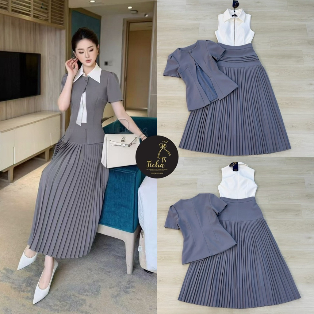 TC Set 3 สุดคุ้ม เสื้อเบเซอร์แขนสั้นสีเทา ดีไซน์แต่งเว้าหน้า มีกระดุมช่วงคอหนึ่งเม็ด มาพร้อมเสื้อคอป