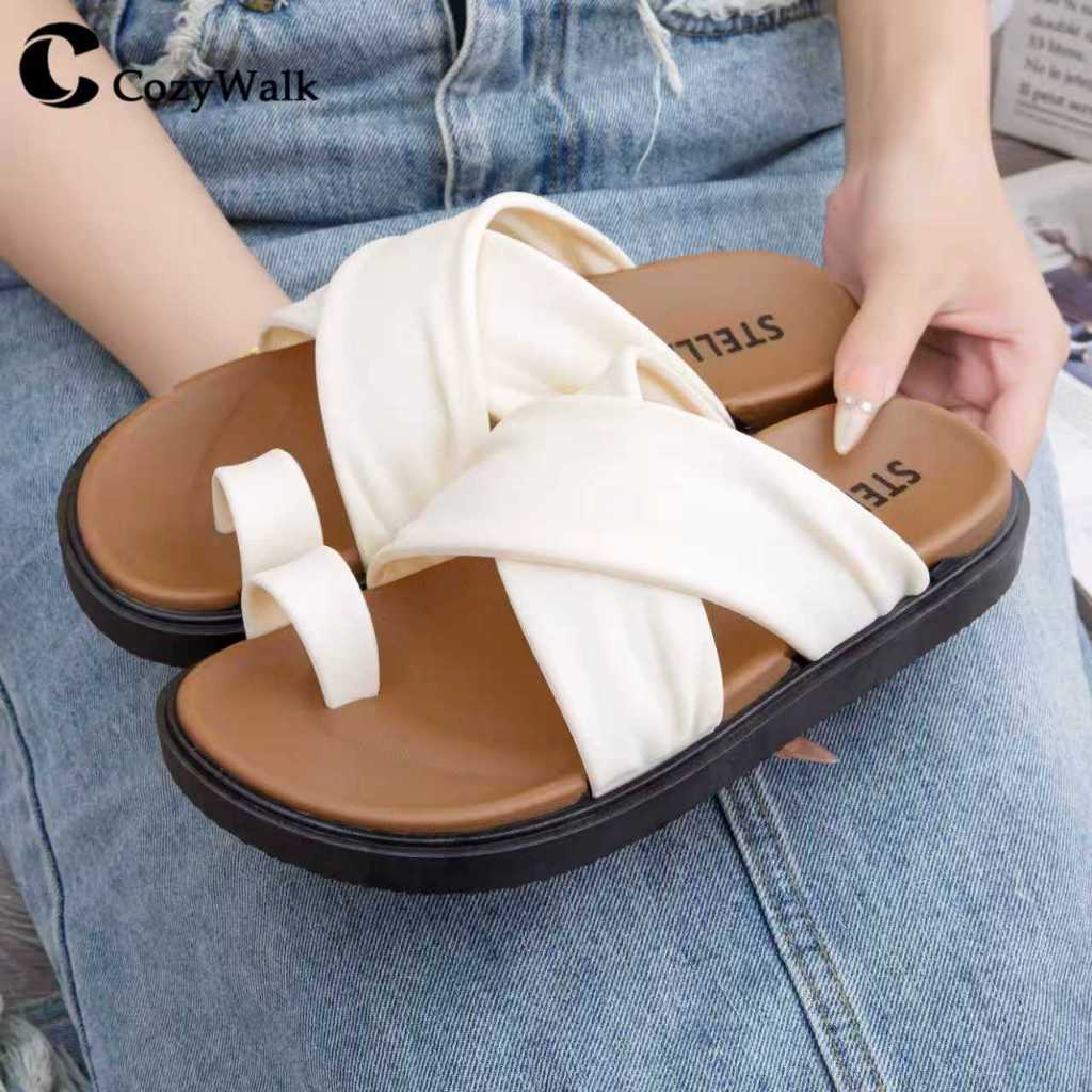 CozyWalk รองเท้าแตะแบบสวม พื้นนิ่ม แต่งสายคาดสุดน่ารัก แฟชั่นสไตล์เกาหลี รองเท้าสำหรับผู้หญิง ใส่สบายมาก