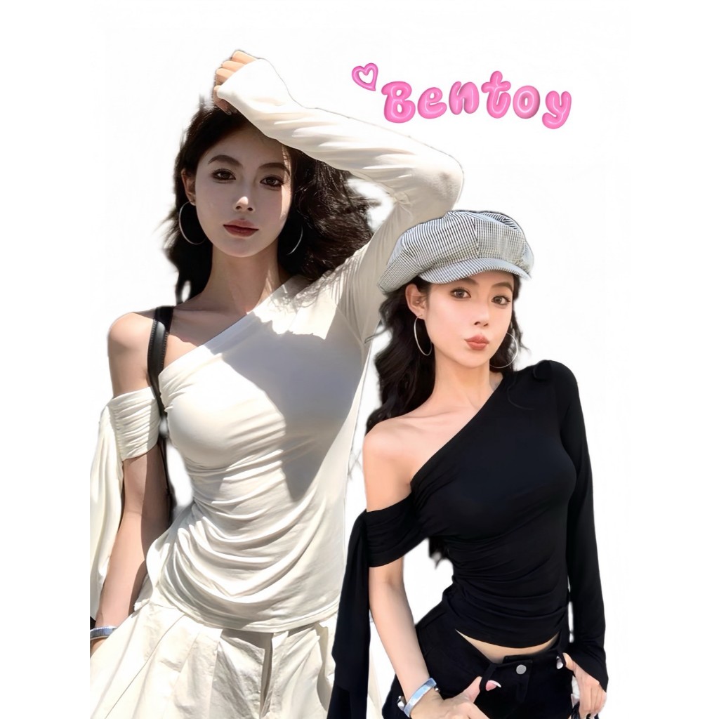 Bentoy พร้อมส่ง (Q1597 )เสื้อยืดแขนยาวไหล่เฉียง