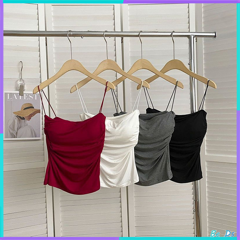 【พร้อมส่ง】เสื้อสายเดี่ยว บราสายเดี่ยว เสื้อครอป สายบาง สีทึบ ทันสมัยและเซ็กซี่ สไตล์ลำลอง มีฟองน้ำในตัว แบบครึ่งตัว