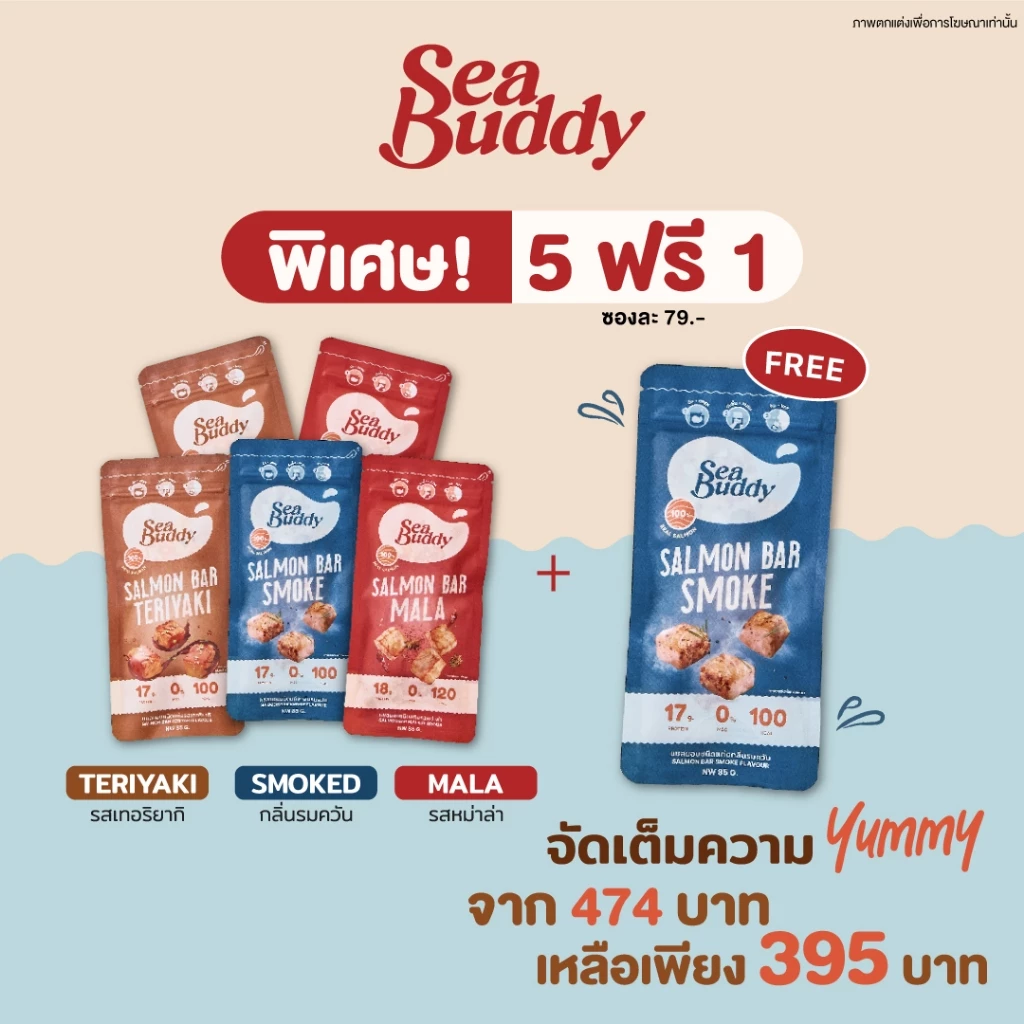 แซลมอนบาร์ แพค 5 แถม 1 Sea Buddy Salmon Bar ซีบัดดี้ (แซลม่อนพร้อมทาน, Salmon Bar)