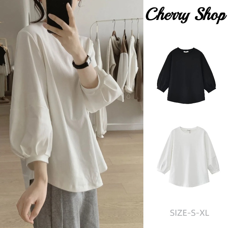 cherryshop พร้อมส่ง เสื้อยืดแขนยาวผู้หญิงสไตล์เกาหลีเรียบง่ายใหม่ สีพื้น คอกลม ทรงหลวม แขนพอง หวานและน่ารัก