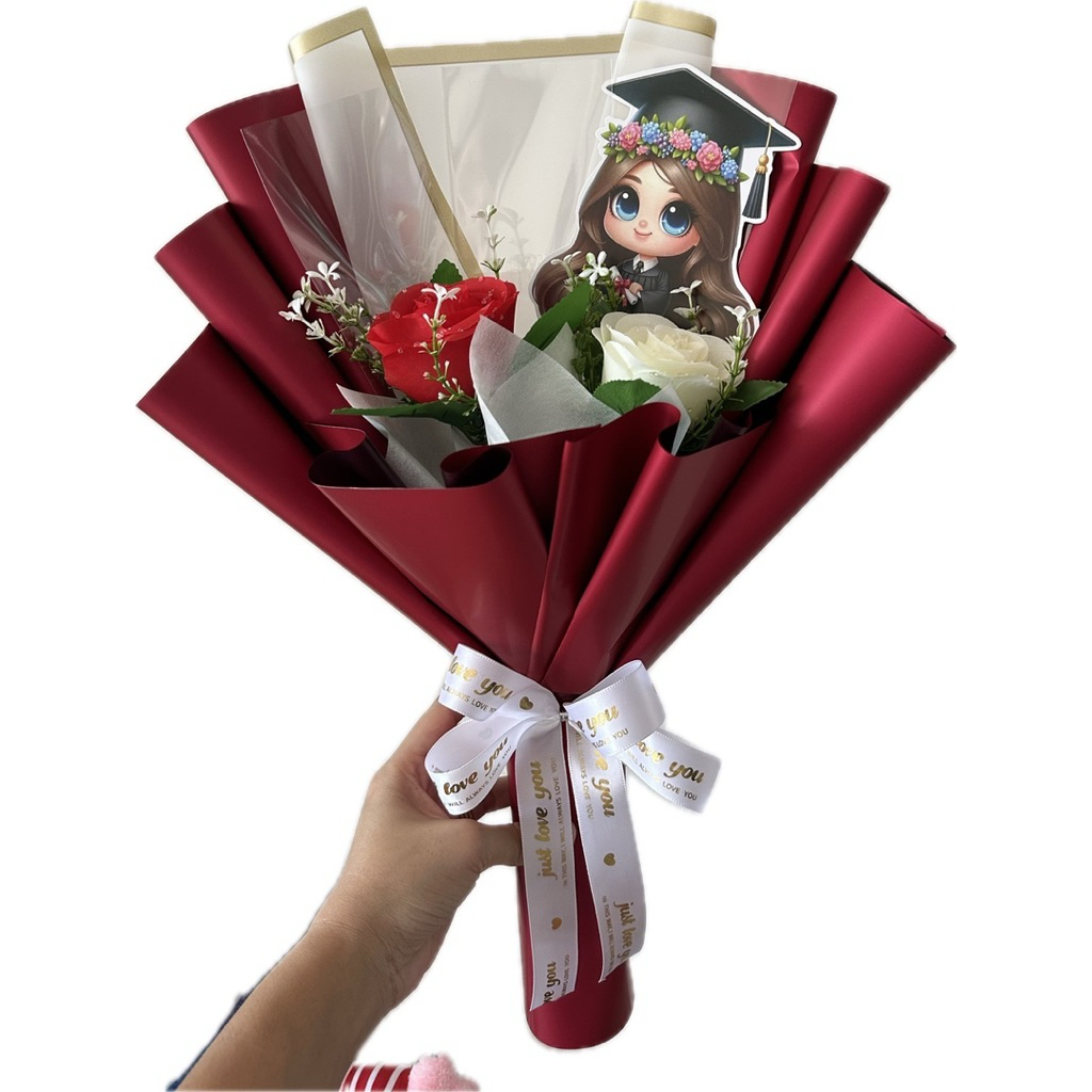 ช่อบัณฑิตน้อยใส่ธนบัตรได้ 3ใบ แต่งด้วยกุหลาบหยดน้ำขาวแดง