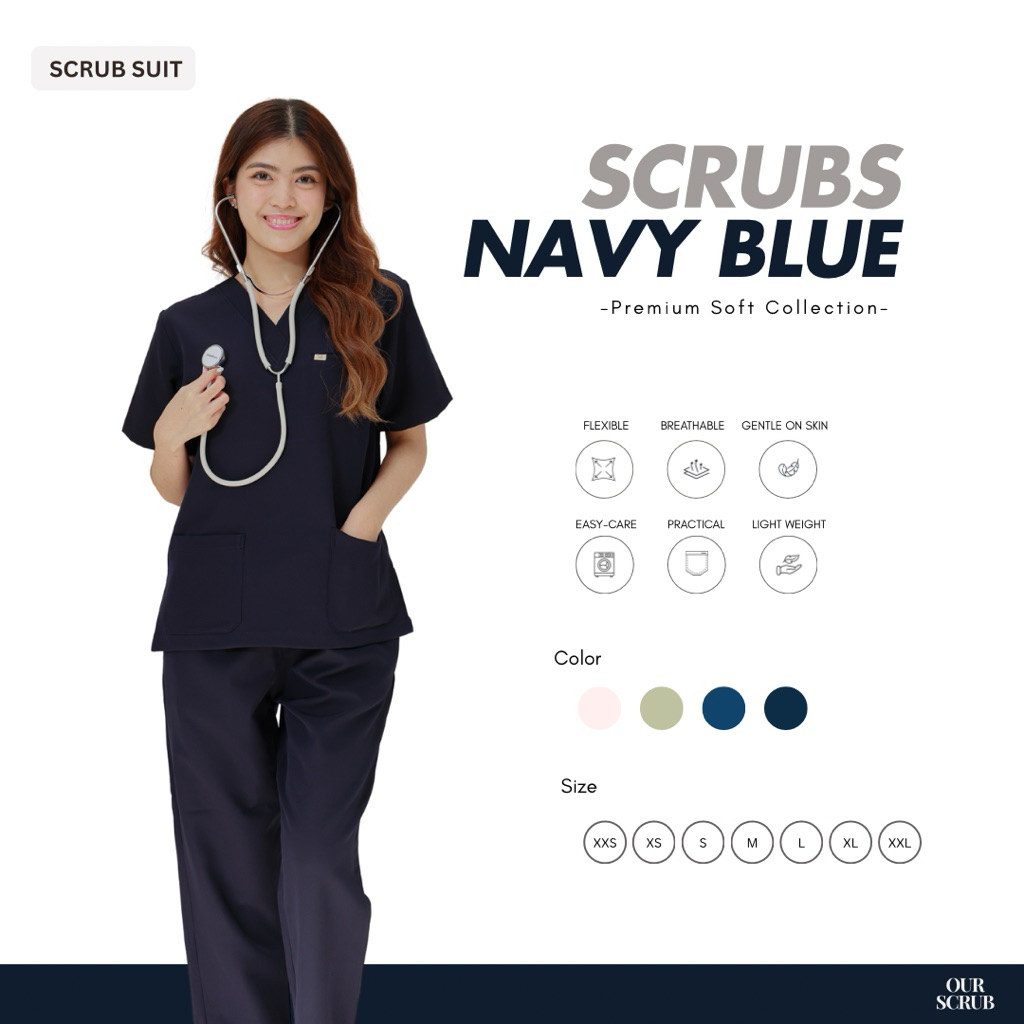 Ourscrub.th| Medical Scrub ชุดสครับ ชุดผ่าตัด ชุดสครับทางการแพทย์ Unisex สี Navy ปักชื่อฟรี Premium Soft Collection
