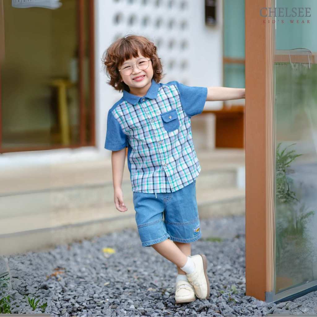 Chelsee เสื้อเชิ้ตยีนส์ แขนสั้น ลายสก๊อต ผ้ายีนส์ 100%Cotton เด็กผู้ชาย อายุ 1.5-10 ปี เสื้อผ้าเด็กโต รุ่น 128179 รูปที่ 3