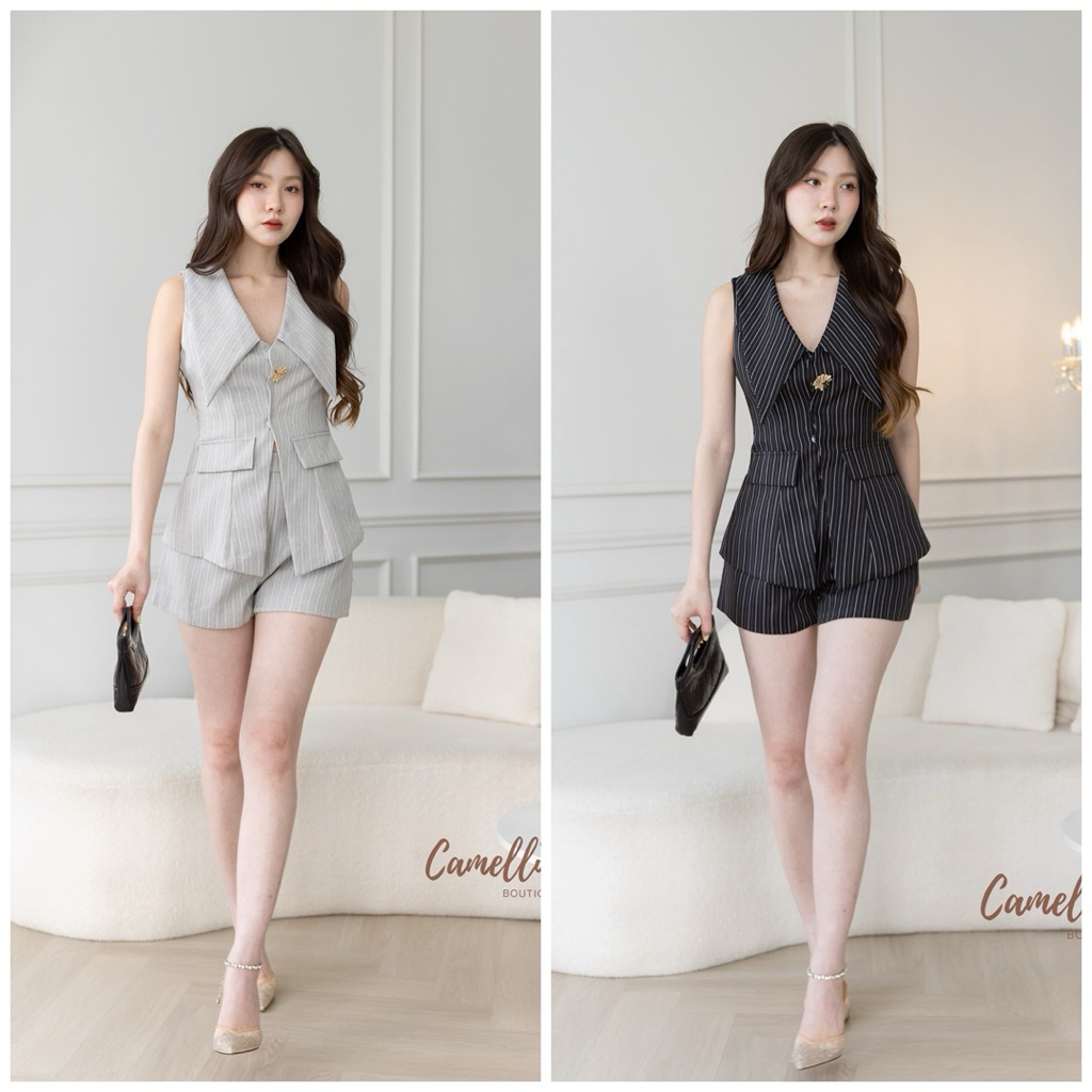 Luca Stripe Set สวยครบจบในลุคเดียว Set เสื้อลายริ้วดีเทลปกใหญ่ เพิ่มลูกเล่นด้วยกระดุมทอง มาพร้อมกางเกงขาสั้นแมทช์