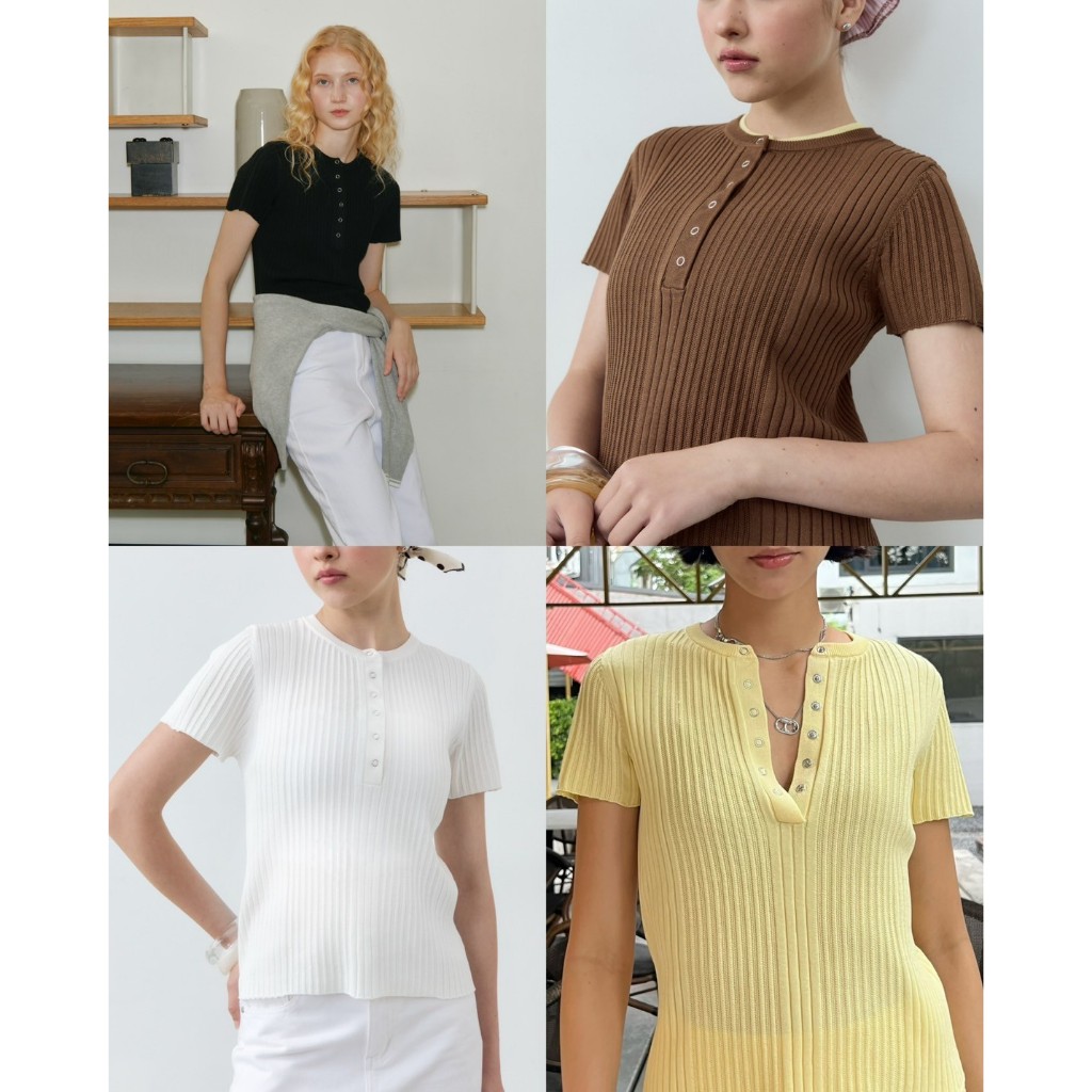 Before Sunset - Ronni Knit Tee I เสื้อผ้าทอ ลายแนวตั้ง กระดุมผ่าหน้า ผ้าใส่สบาย
