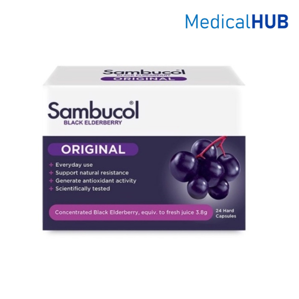 Sambucol Black Elderberry Original 24 Hard Capsules - แซมบูคอล แบล็ค เอลเดอร์เบอรี่ แคปซูล 1 กล่อง 24 แคปซูล