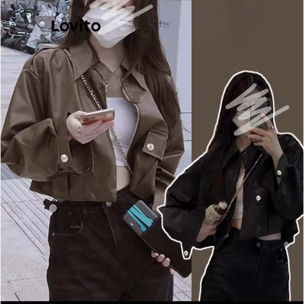 เสื้อเเจ็คเก็ตหนังผู้หญิง มีกระดุม lovito