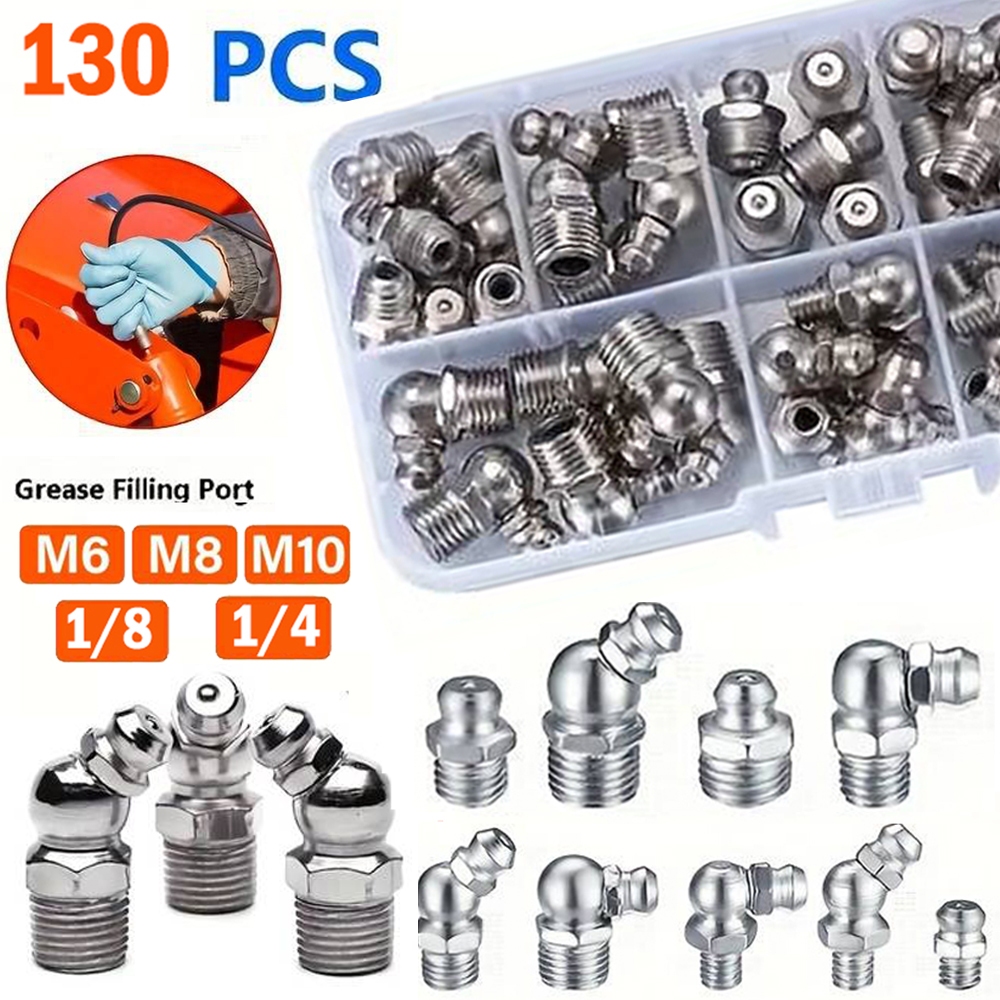 หัวอัดจารบีสแตนเลส 130 ชิ้น M6 M8 M10 1/4UNF 1/8BSP แบบตรง / 45° / 90° สแตนเลส 304 ไม่เป็นสนิม