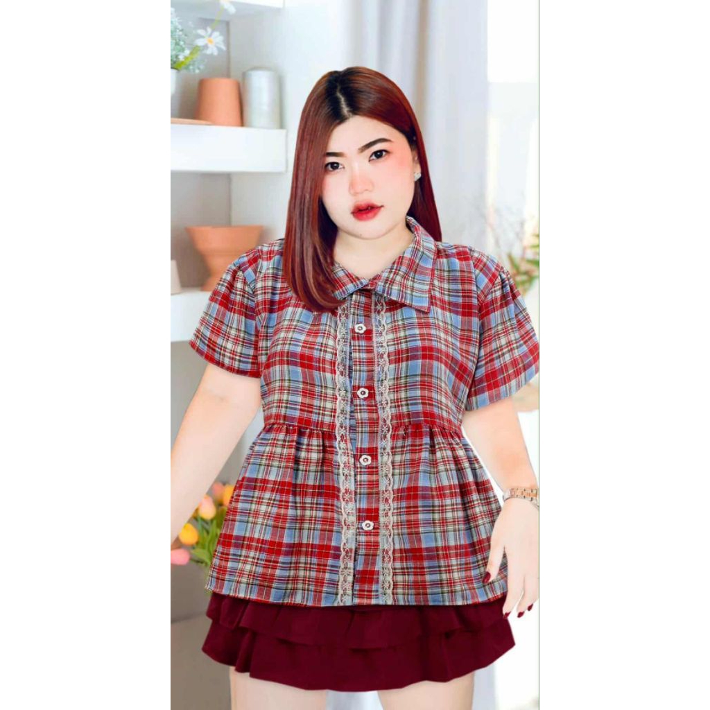 RJ เสื้อผ้าลายสก็อต รุ่นคอปกเชิ๊ต แต่งแทบลูกไม้